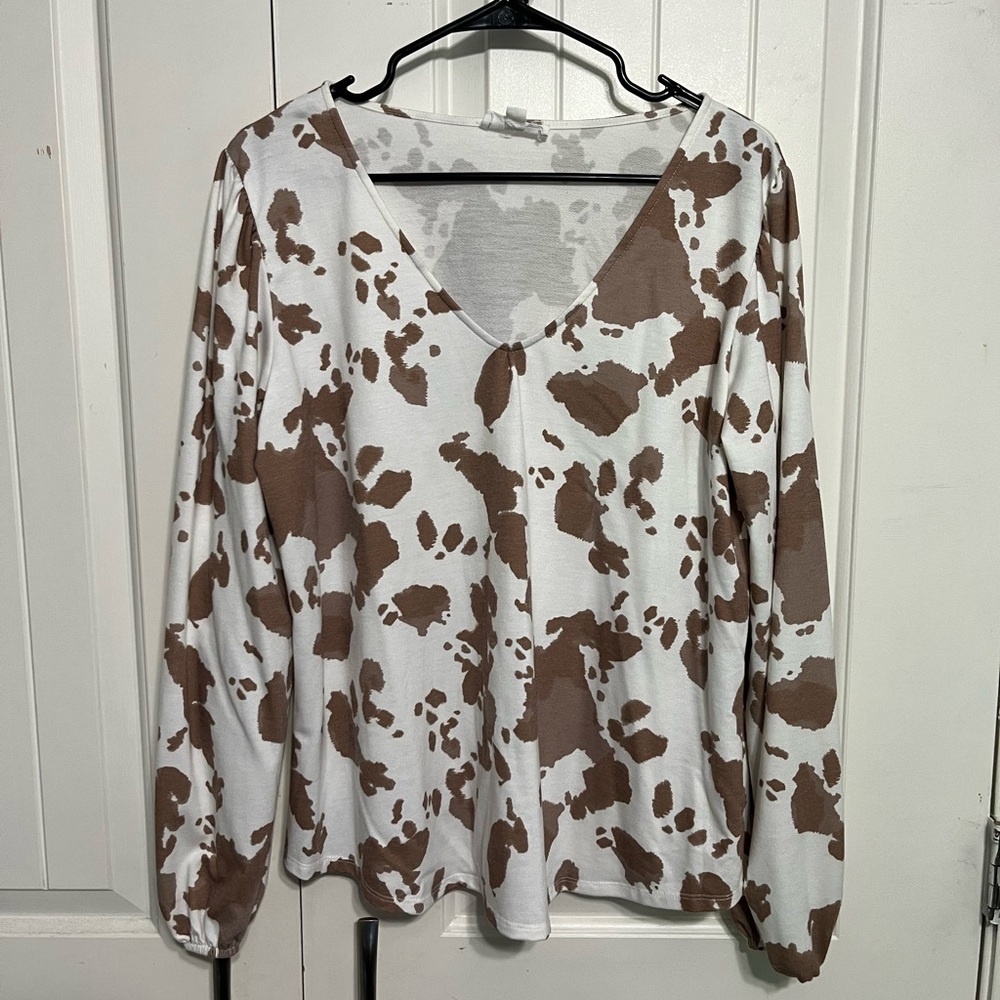 Brown and White Cow Print V-Neck Top